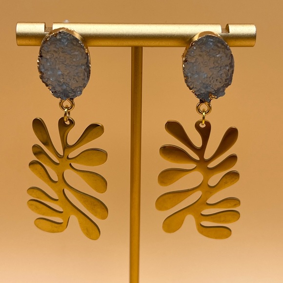 Gold Art Nouveau-Inspired Dangle Earrings - Trendy Retro Statement Earrings - Picture 6 of 16